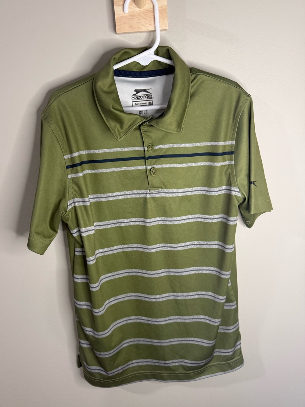 NWOT Slazenger Boy’s M Olive Green Stripe Golf Polo